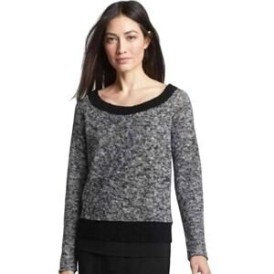 Eileen Fisher Melange Linen Blend Crew Neck Sweater Heathered Black White Small